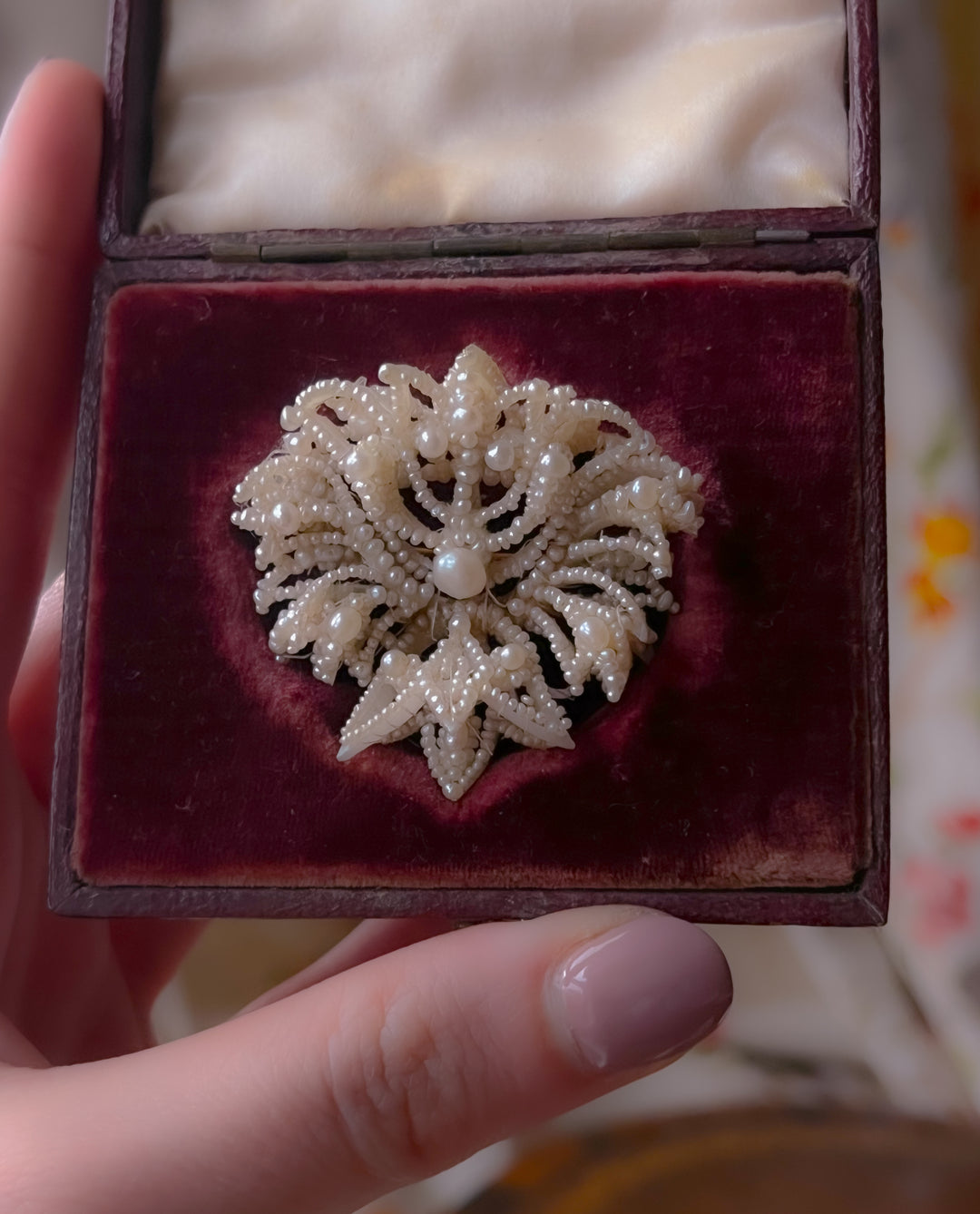 Rare Pearl Weddingwork Brooch in the Original Box c. 1830