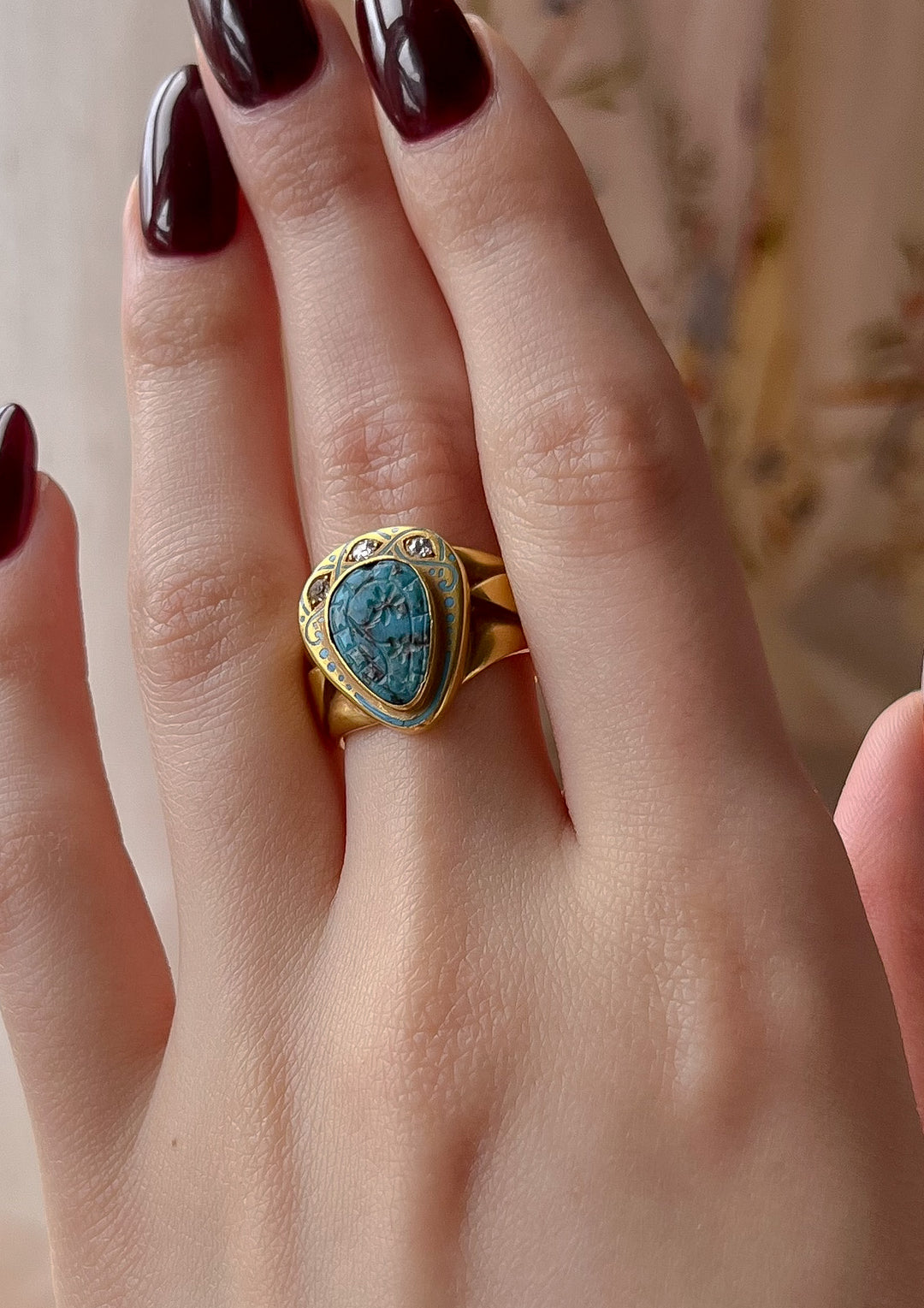 Stunning French Egyptian Revival Art Nouveau Turquoise Signet Ring