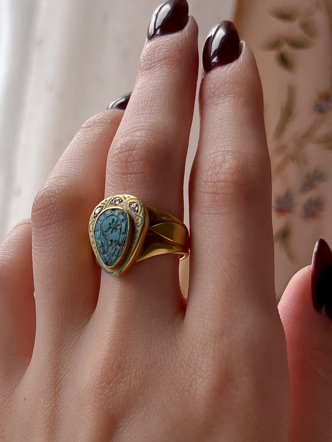 Stunning French Egyptian Revival Art Nouveau Turquoise Signet Ring