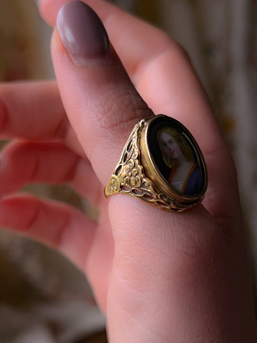 Enamel Portrait Ring of Young Girl Circa 1860