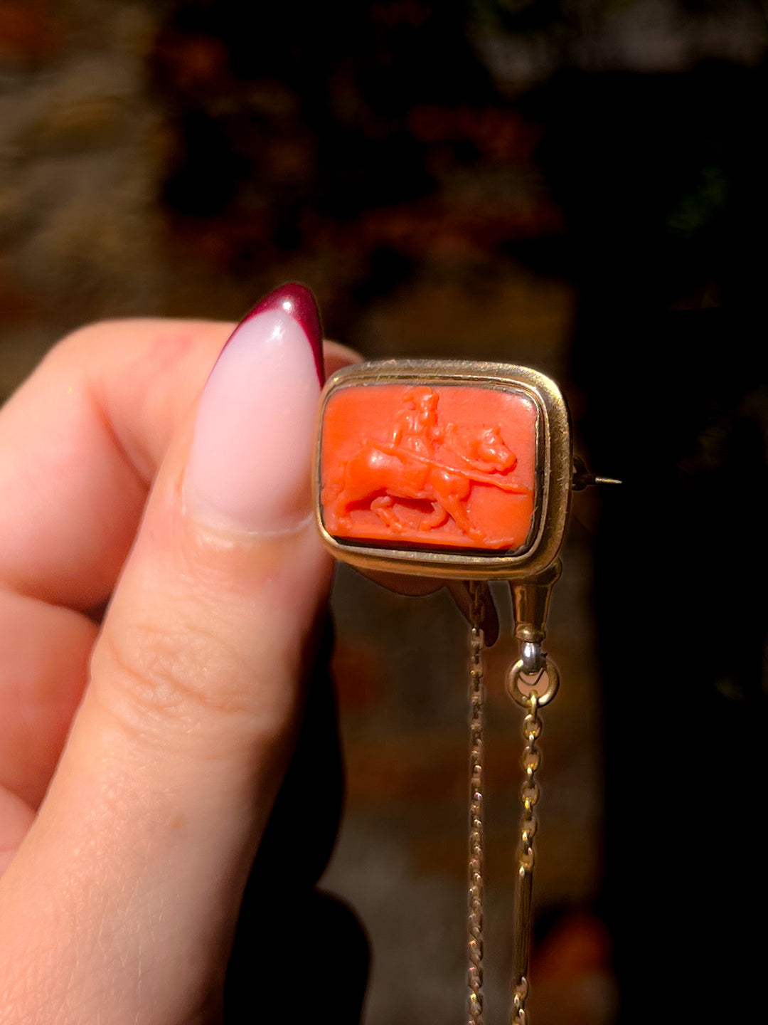 Georgian Coral Cameo Brooch of Mounted Hunter