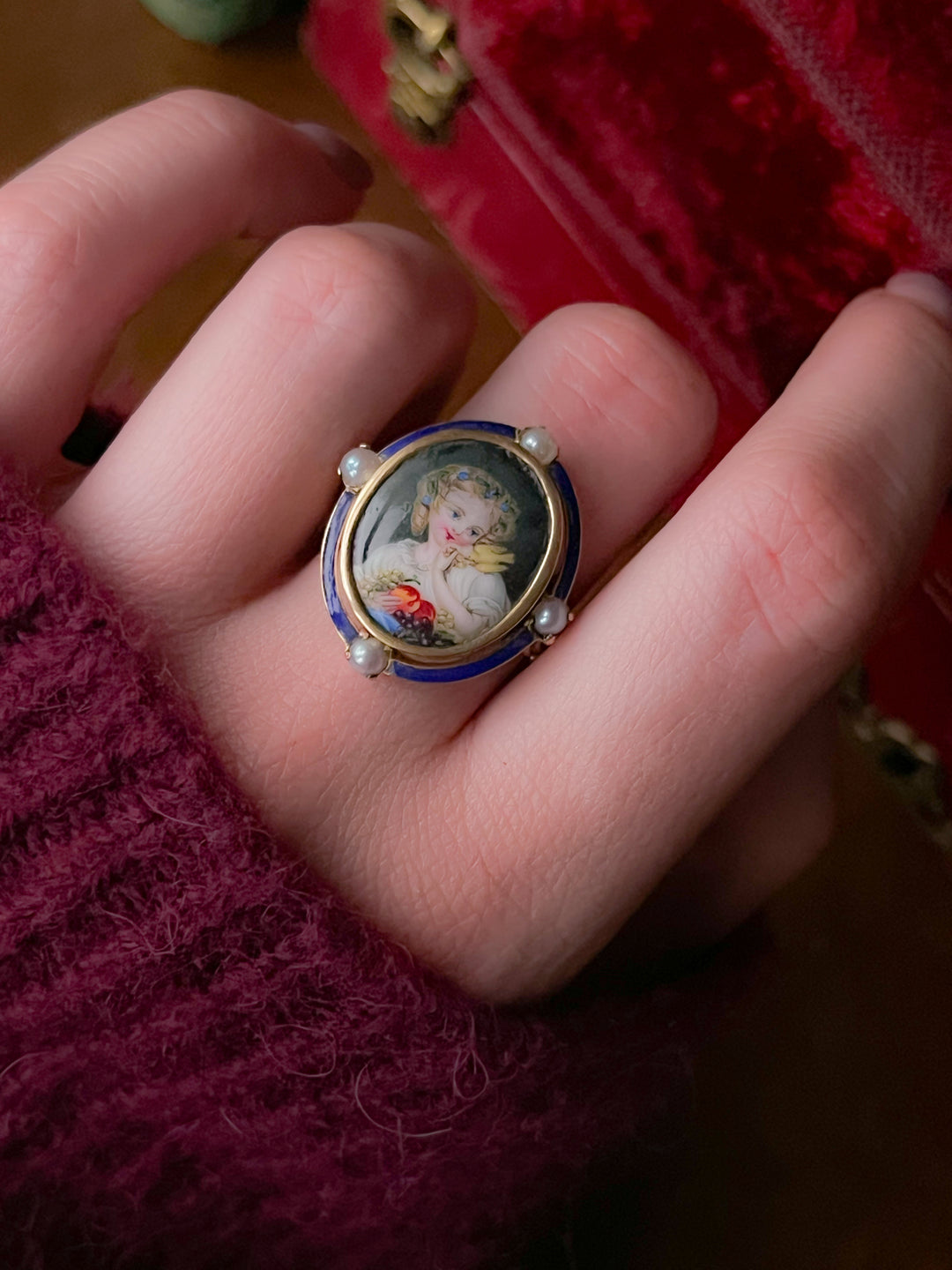 Enamel Portrait Ring of Young Girl with European Goldfinch