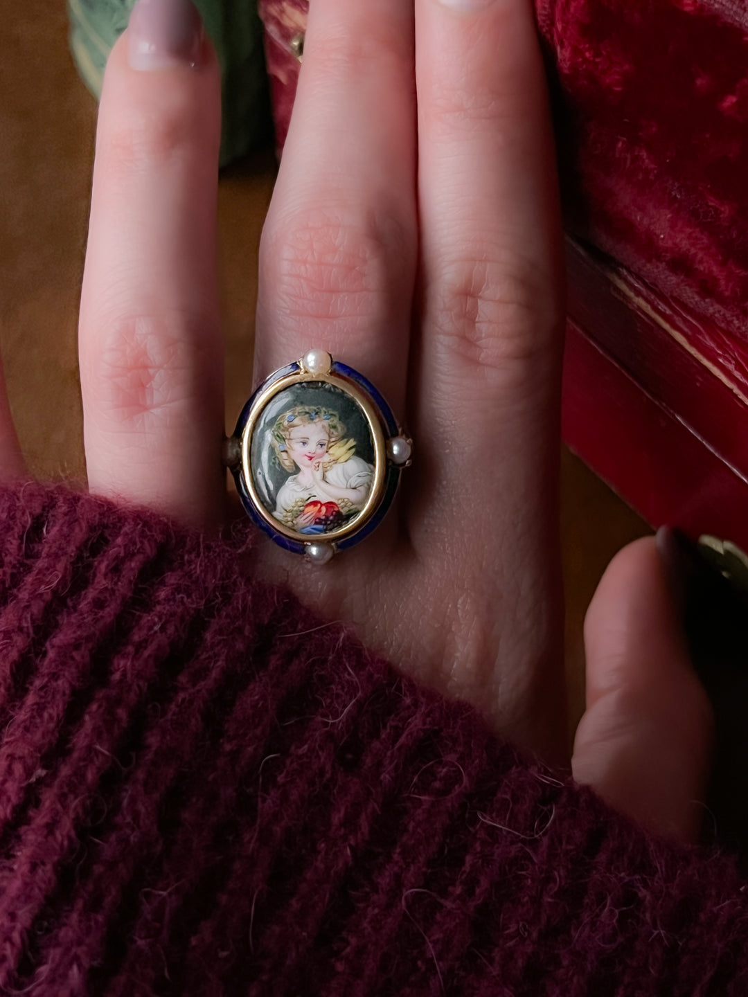 Enamel Portrait Ring of Young Girl with European Goldfinch