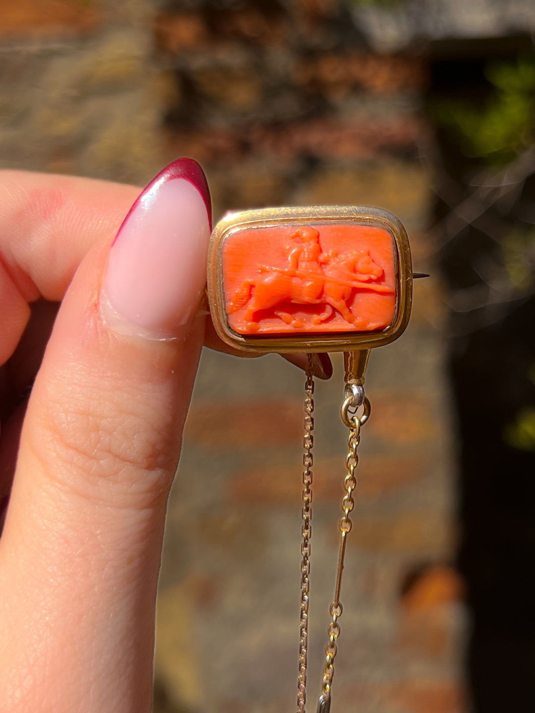 Georgian Coral Cameo Brooch of Mounted Hunter