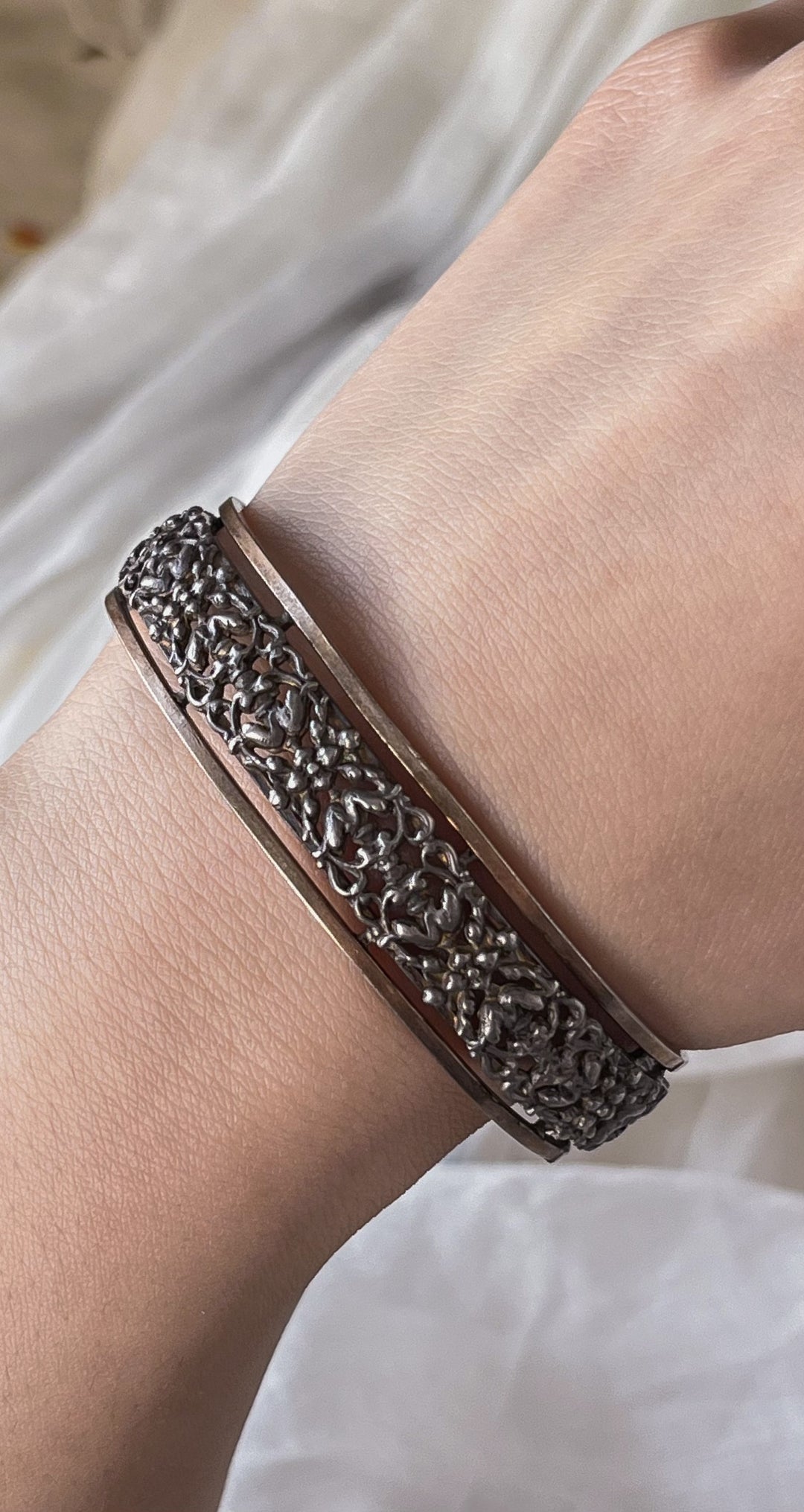 German Renaissance Revival Bangle in Sterling and 9ct Pink Gold