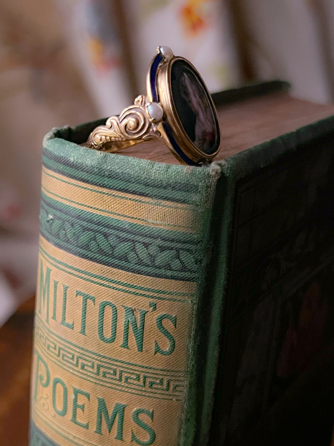 Enamel Portrait Ring of Young Girl with European Goldfinch