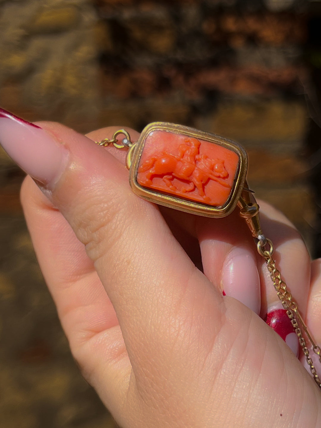 Georgian Coral Cameo Brooch of Mounted Hunter