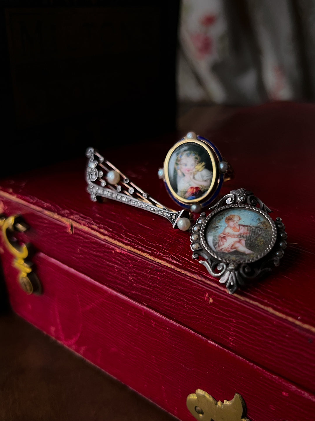19th C French Brooch of Cherub and his Lyre