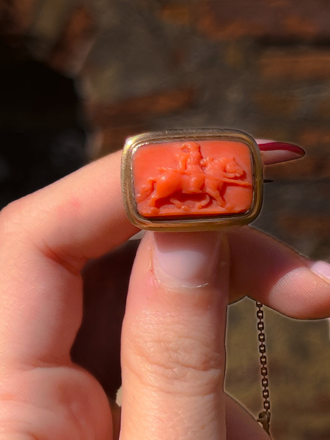 Georgian Coral Cameo Brooch of Mounted Hunter