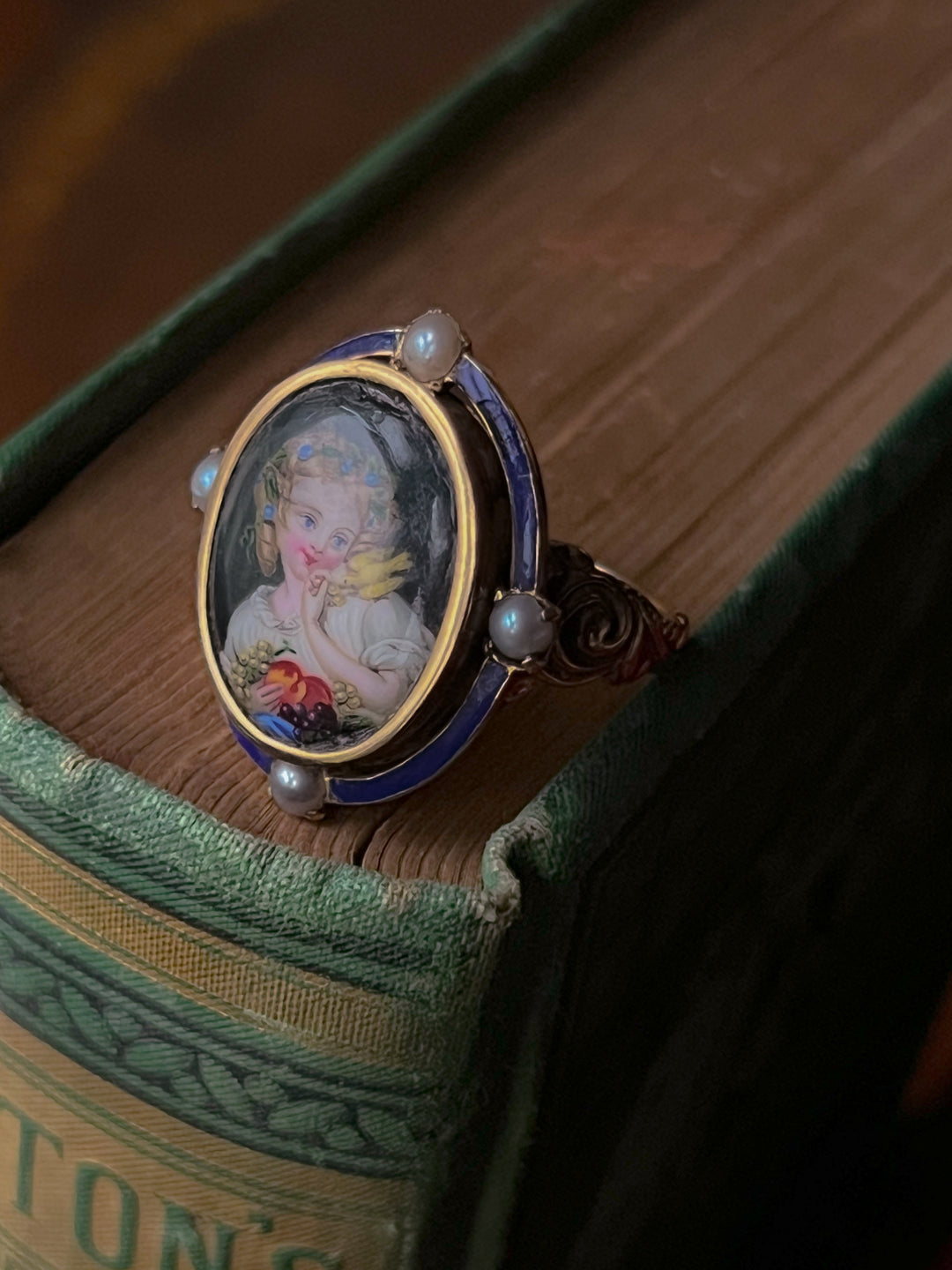 Enamel Portrait Ring of Young Girl with European Goldfinch