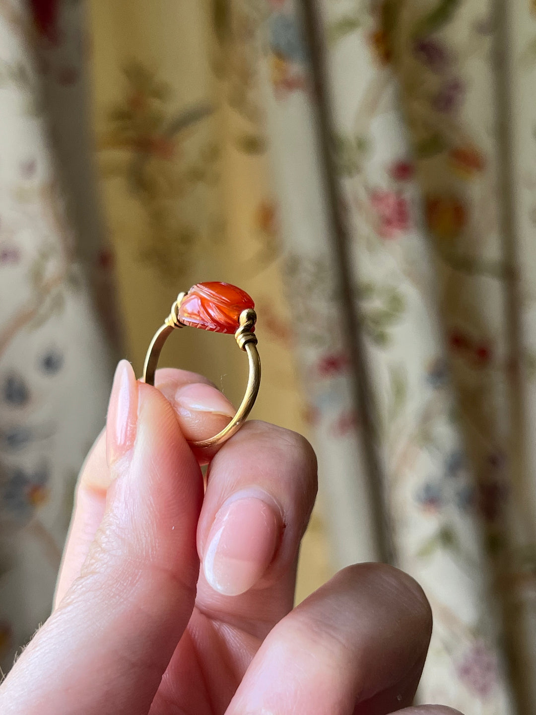19th C Egyptian Revival Carnelian Scarab Specimen Ring With 3 Ribbons