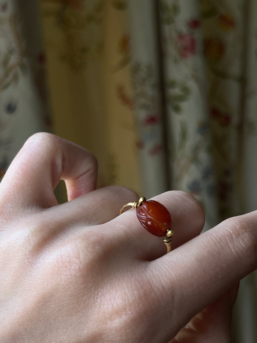 19th C Egyptian Revival Carnelian Scarab Specimen Ring With 3 Ribbons