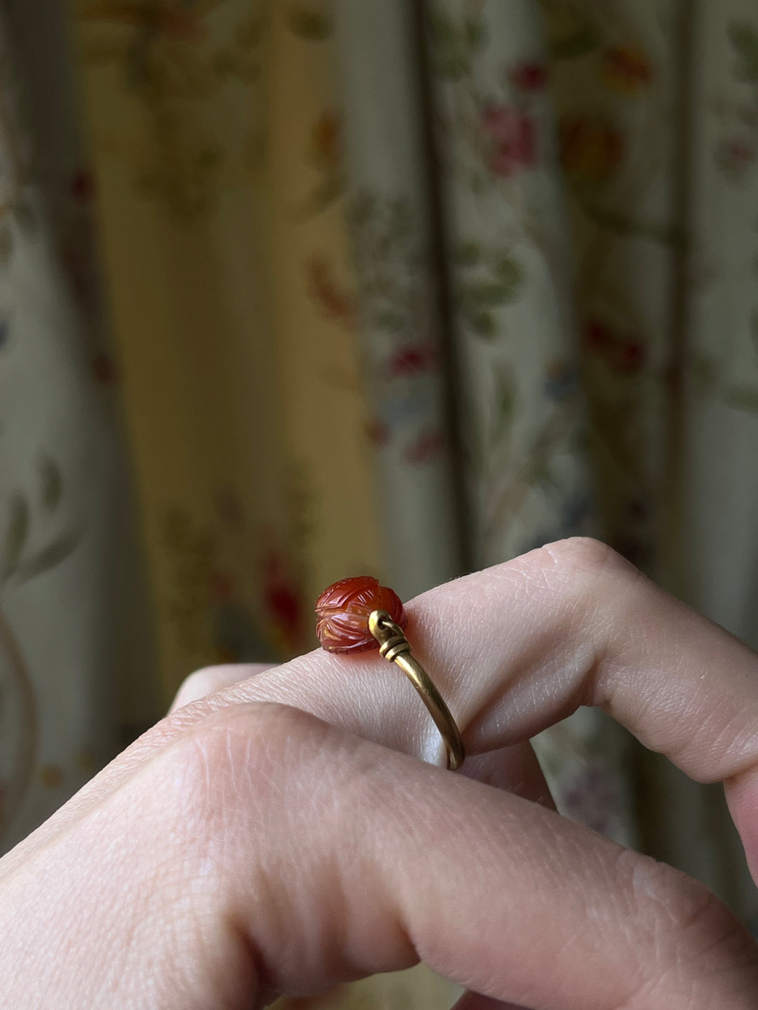 19th C Egyptian Revival Carnelian Scarab Specimen Ring With 3 Ribbons