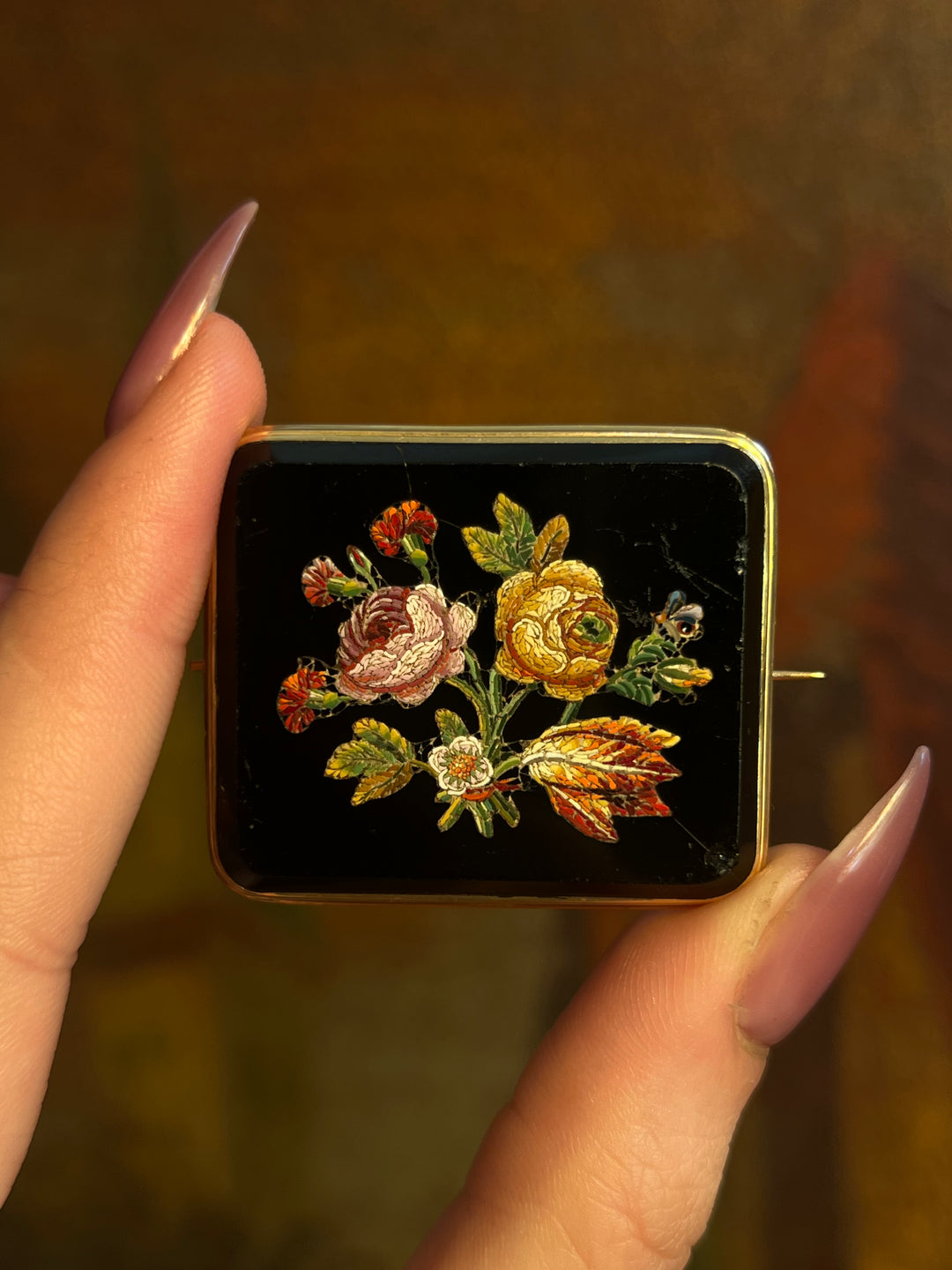 Outrageous Micromosaic and Onyx Brooch Circa 1880