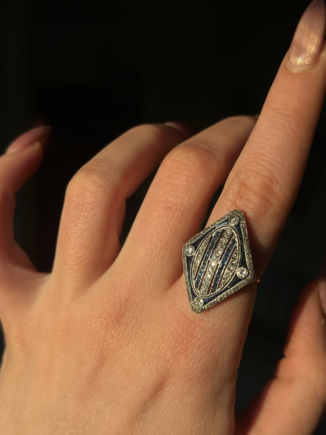 Art Deco Diamond and Sapphire Cocktail Ring Platinum 14ct