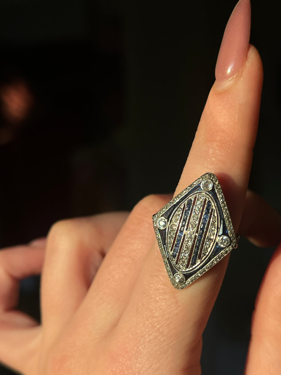 Art Deco Diamond and Sapphire Cocktail Ring Platinum 14ct