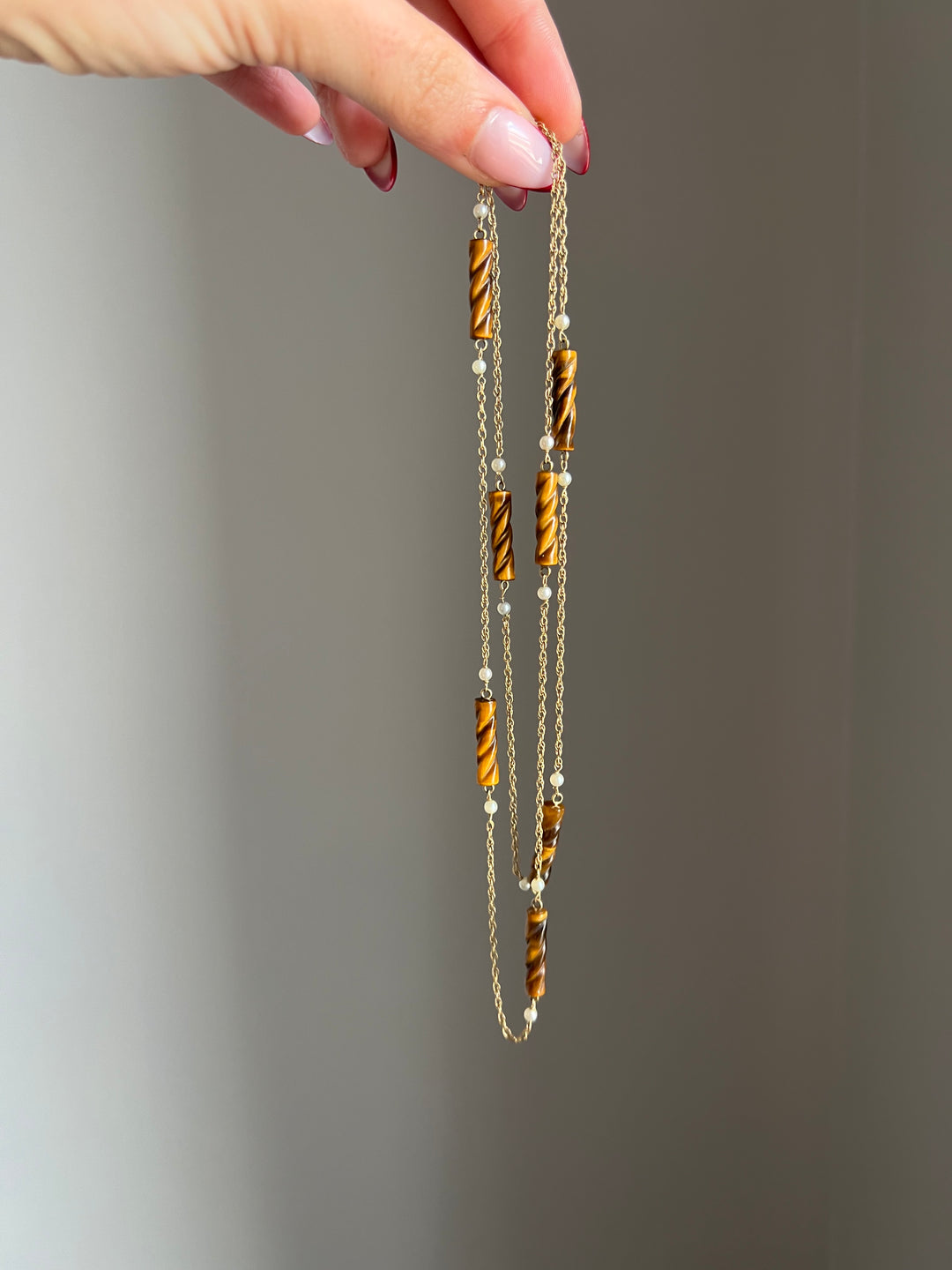Superb 14ct Pearl And Tiger's Eye Spacer Chain