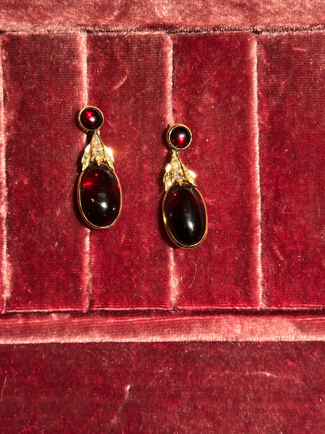 Exceptional 18ct English Cabochon Garnet and Diamond Earrings