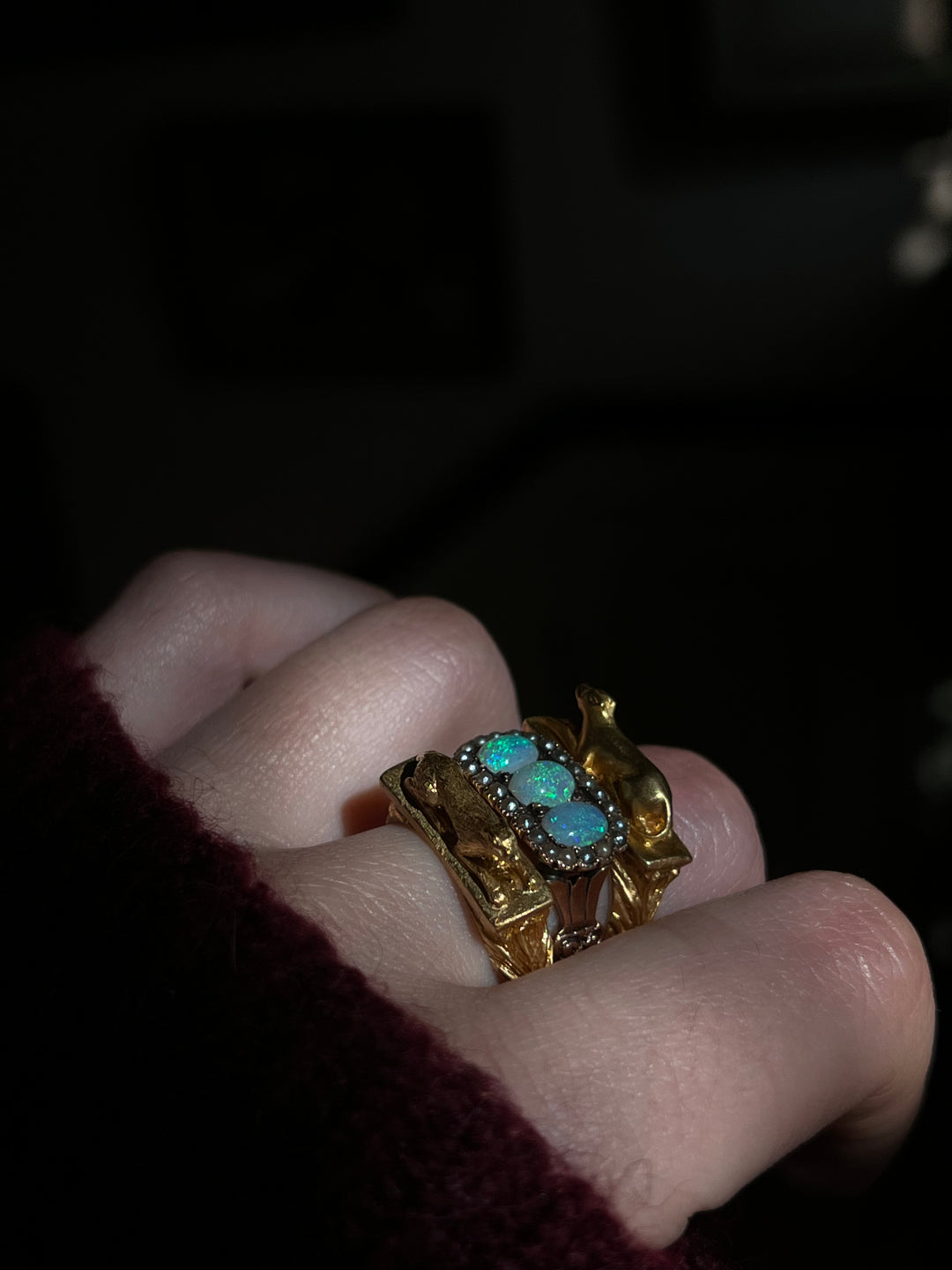 Victorian Opal and Pearl Three Stone Ring