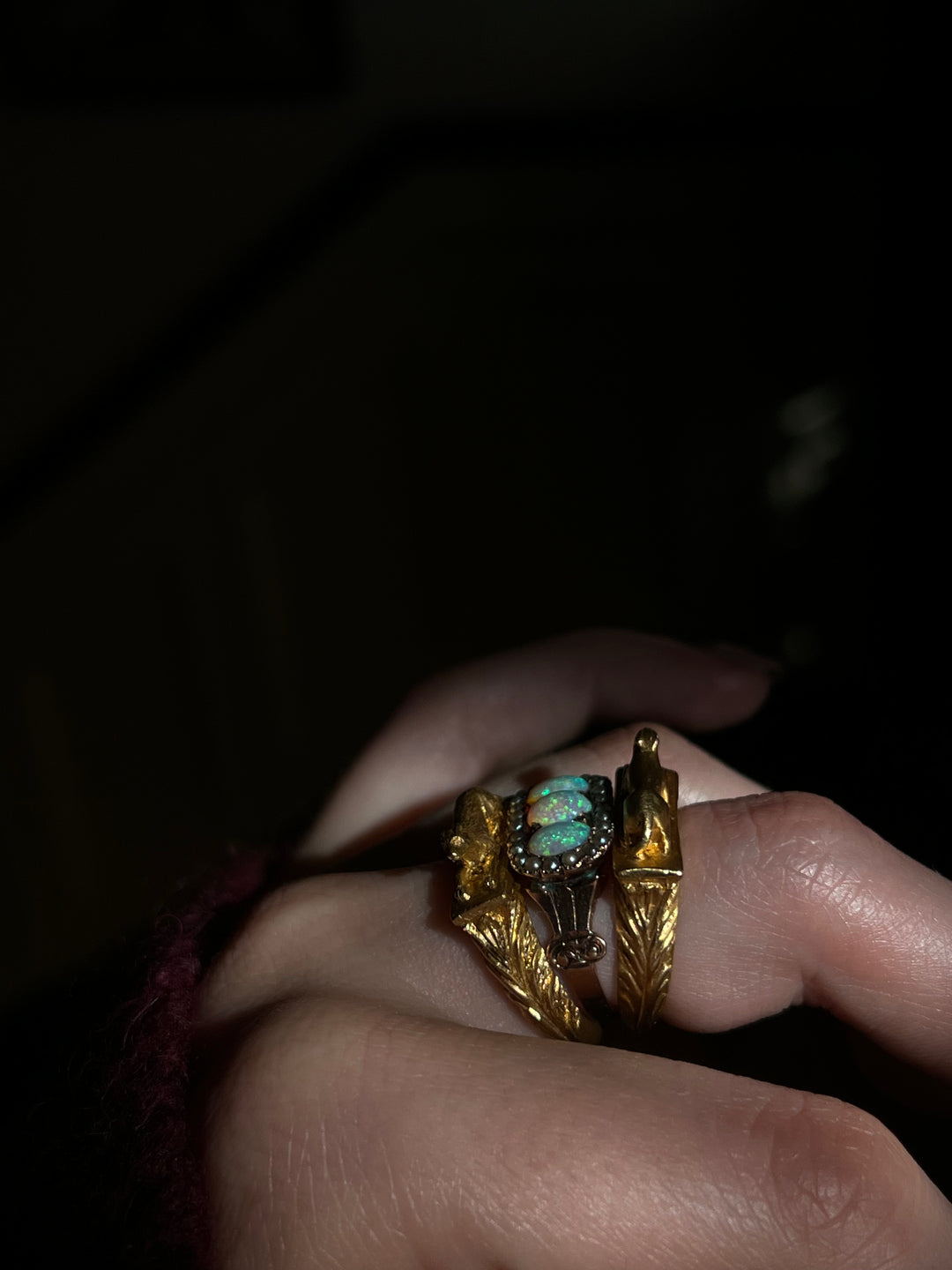 Victorian Opal and Pearl Three Stone Ring