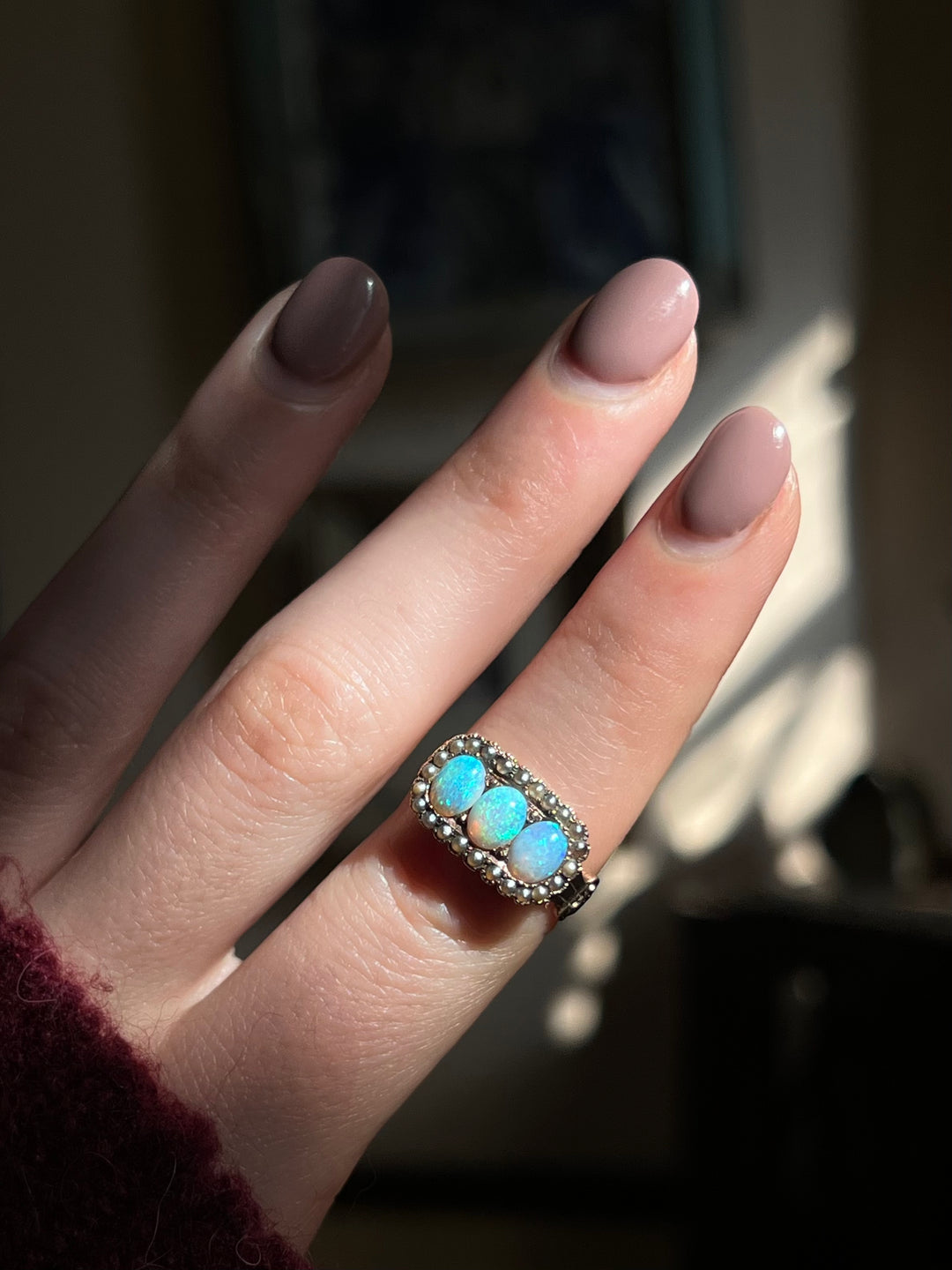 Victorian Opal and Pearl Three Stone Ring