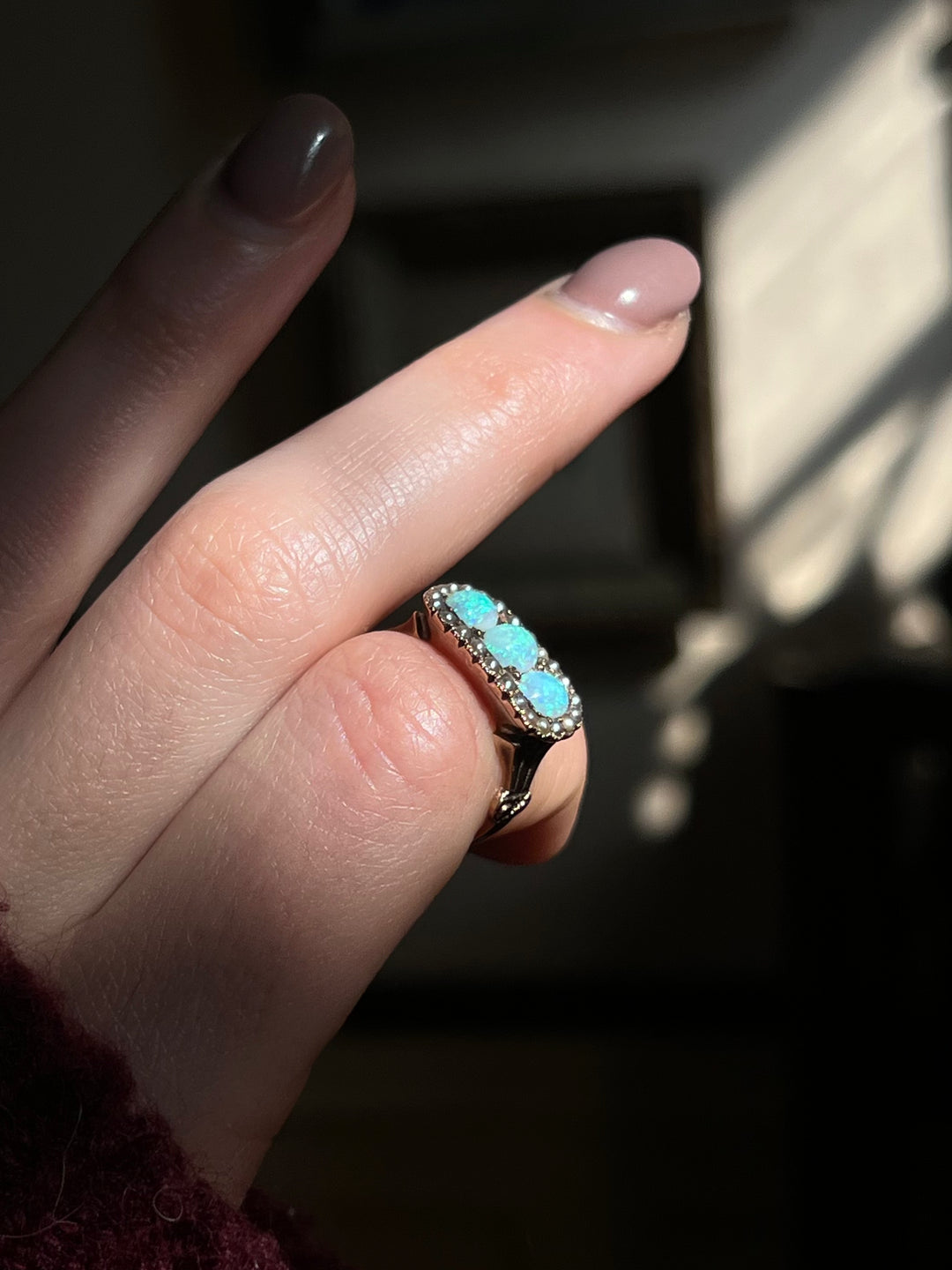 Victorian Opal and Pearl Three Stone Ring