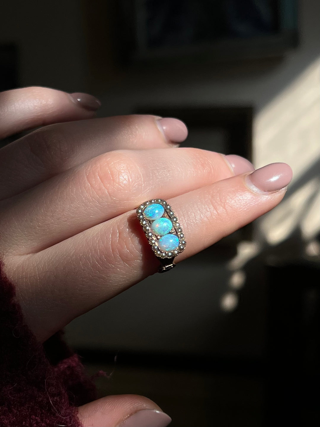 Victorian Opal and Pearl Three Stone Ring