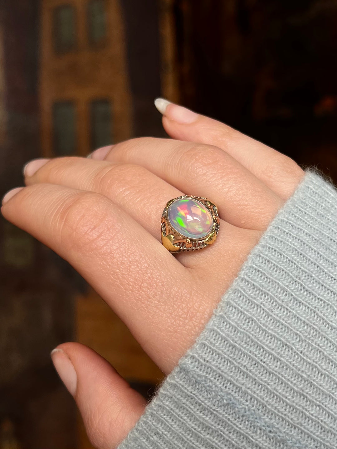 Art Deco Jelly Opal Ring in Pink, Yellow, White Gold