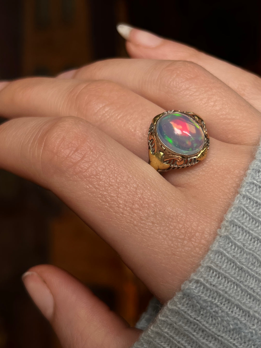 Art Deco Jelly Opal Ring in Pink, Yellow, White Gold