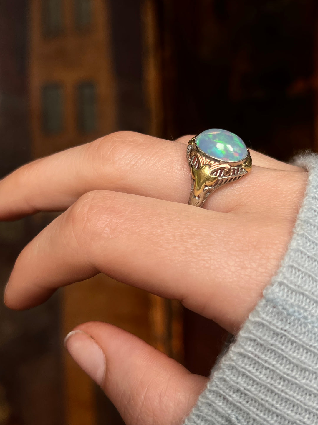 Art Deco Jelly Opal Ring in Pink, Yellow, White Gold