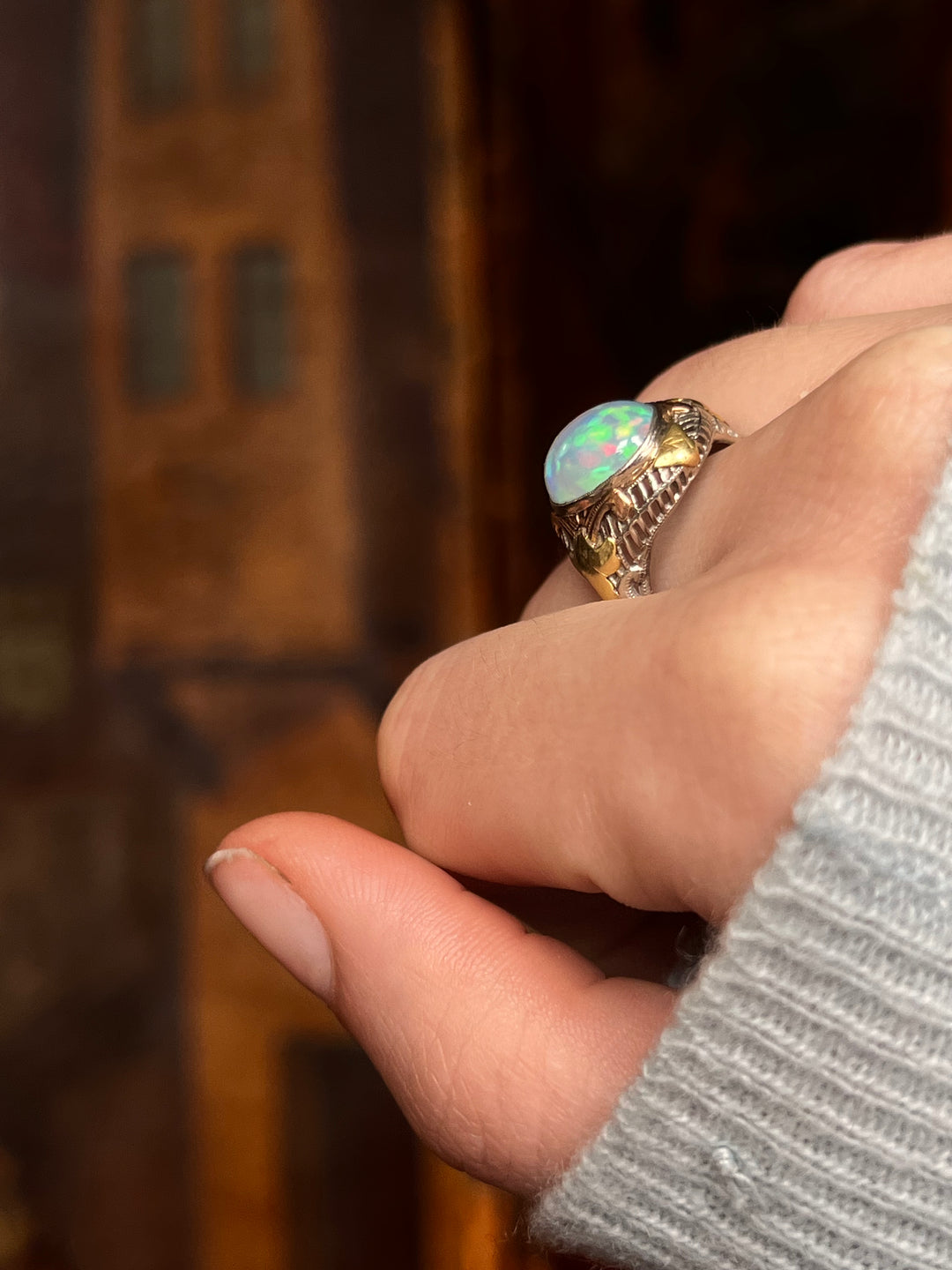 Art Deco Jelly Opal Ring in Pink, Yellow, White Gold