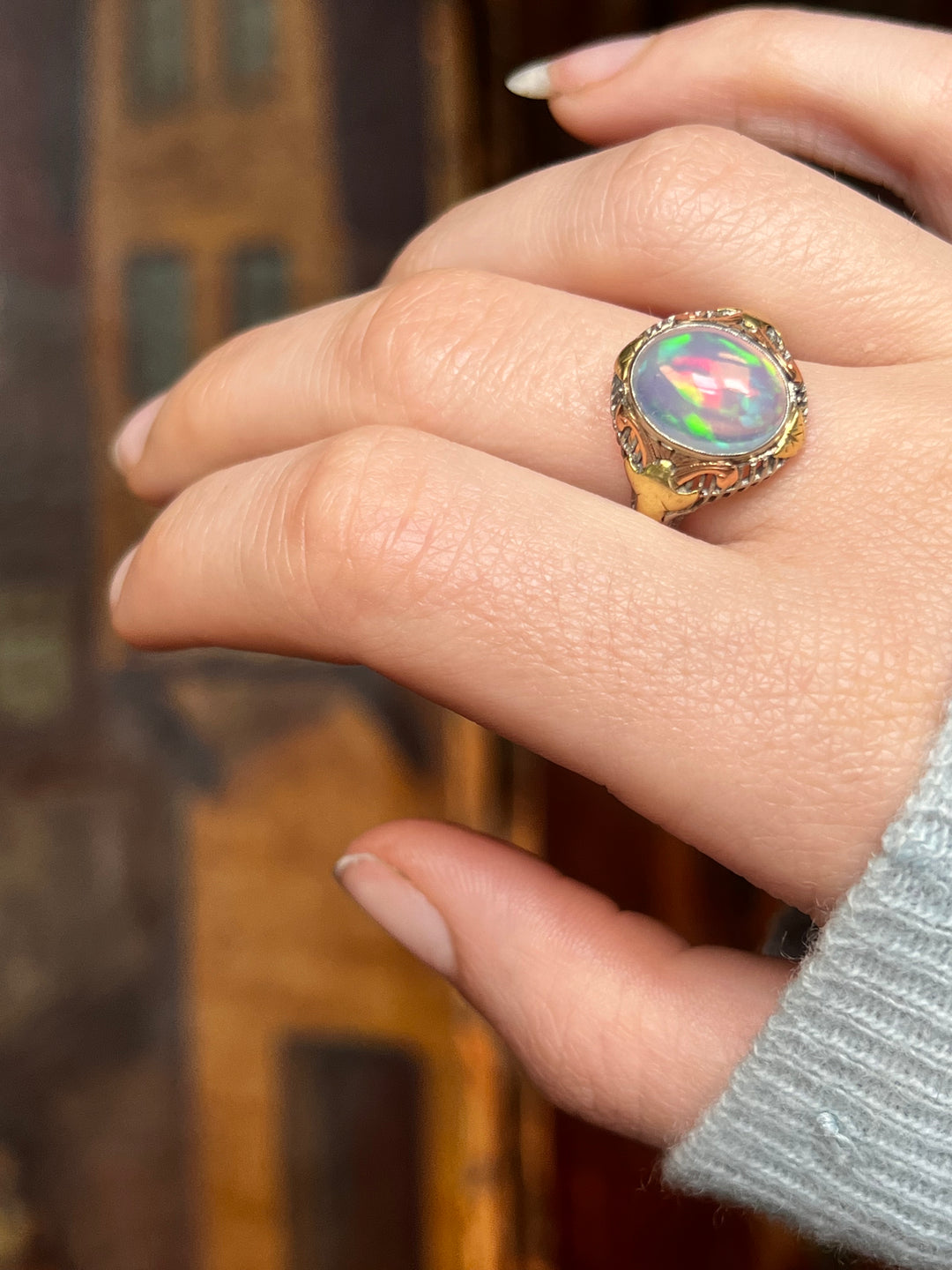 Art Deco Jelly Opal Ring in Pink, Yellow, White Gold