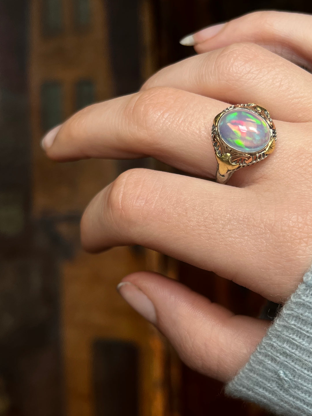 Art Deco Jelly Opal Ring in Pink, Yellow, White Gold