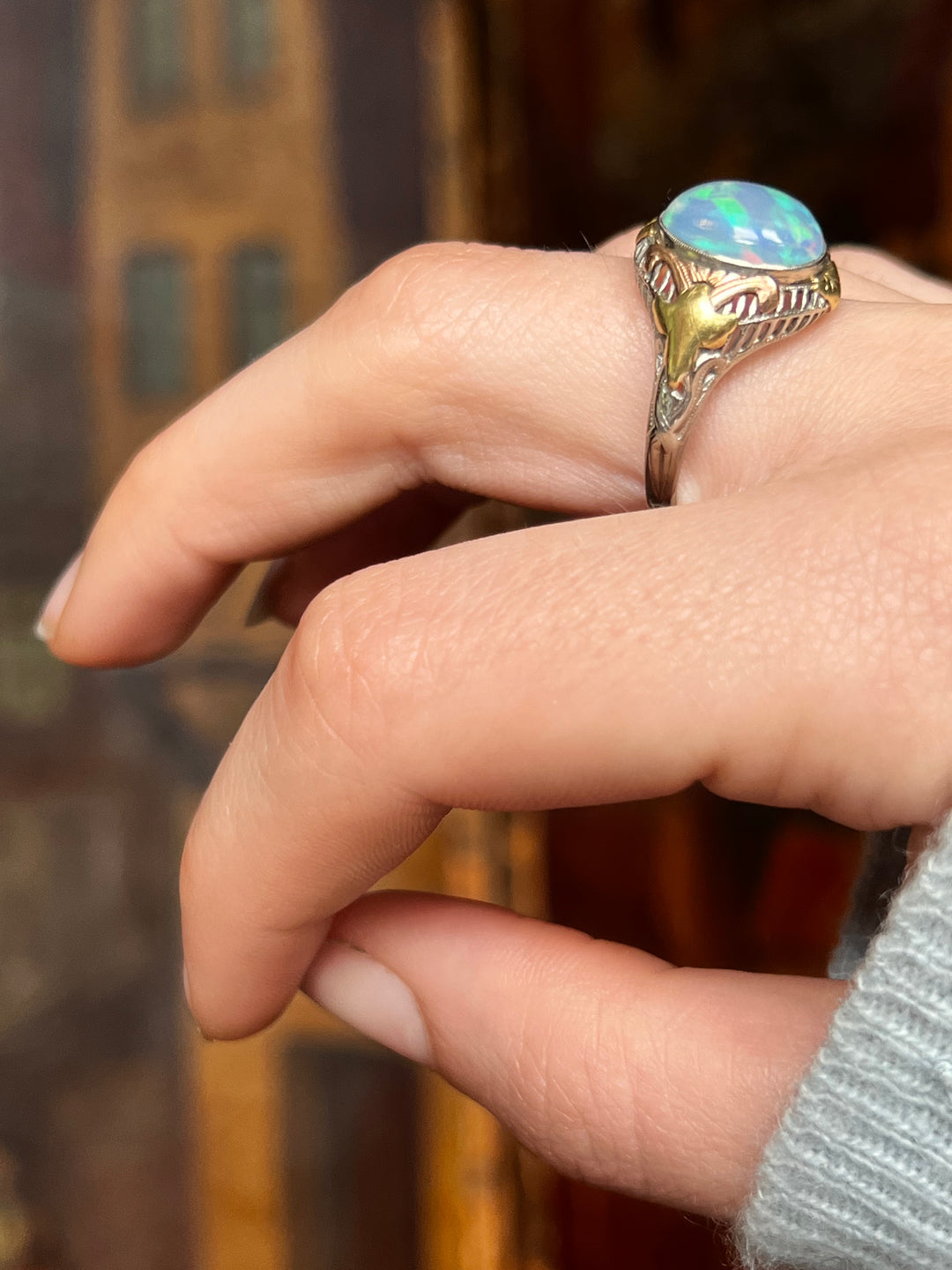 Art Deco Jelly Opal Ring in Pink, Yellow, White Gold
