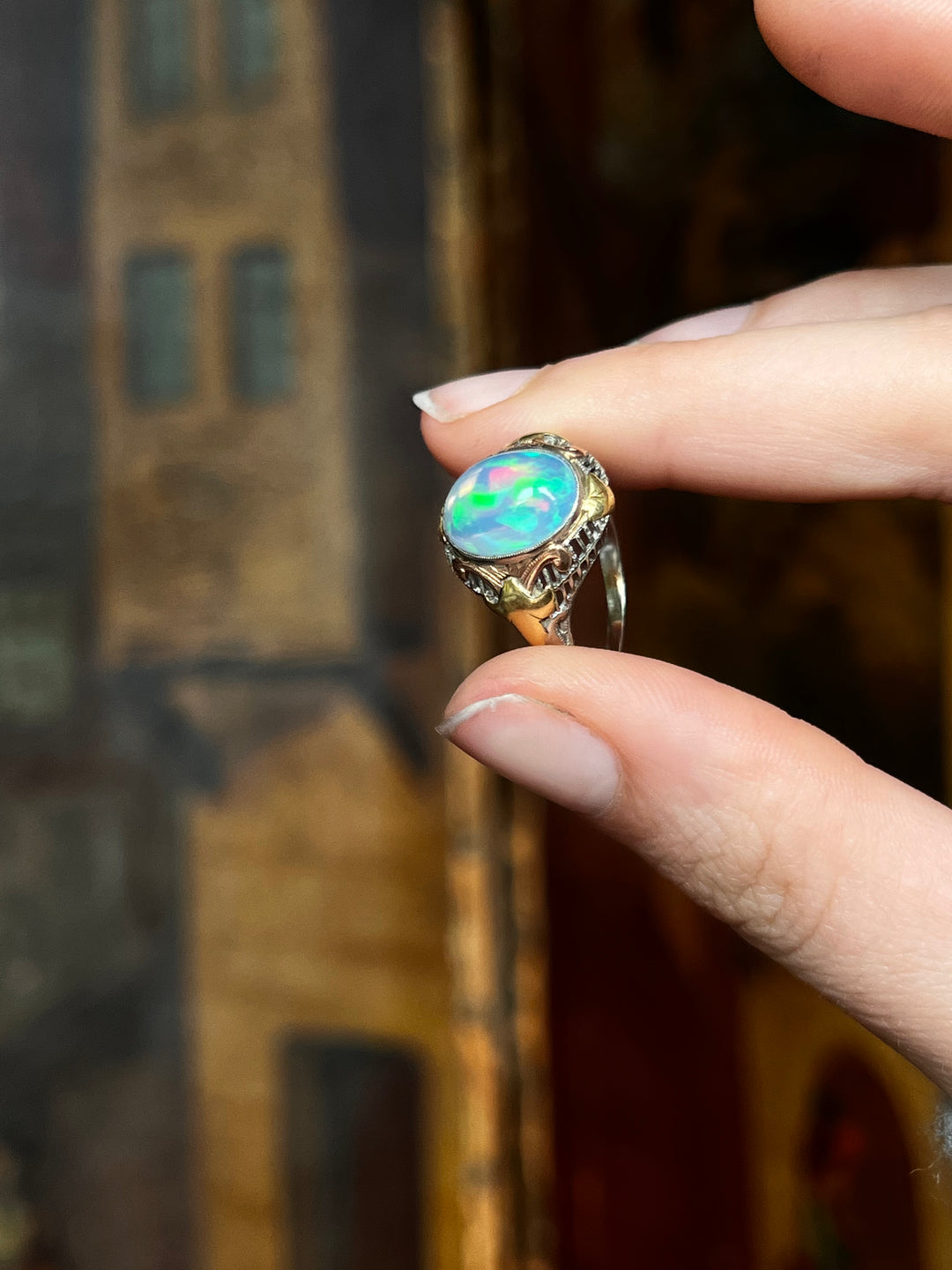 Art Deco Jelly Opal Ring in Pink, Yellow, White Gold