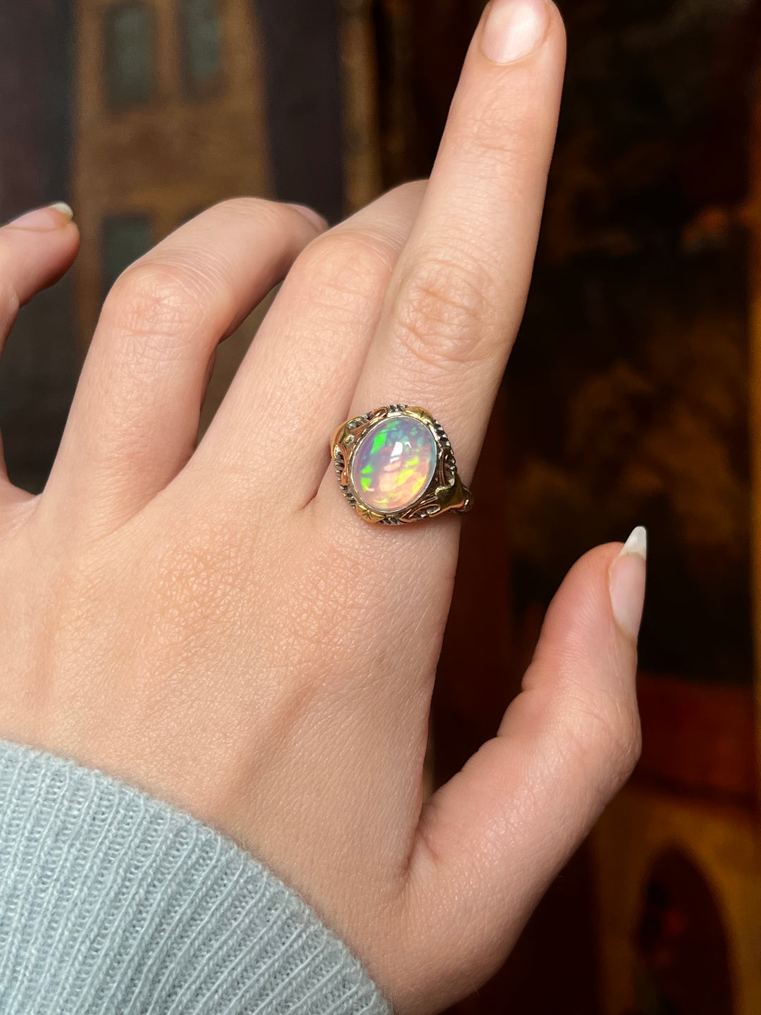 Art Deco Jelly Opal Ring in Pink, Yellow, White Gold