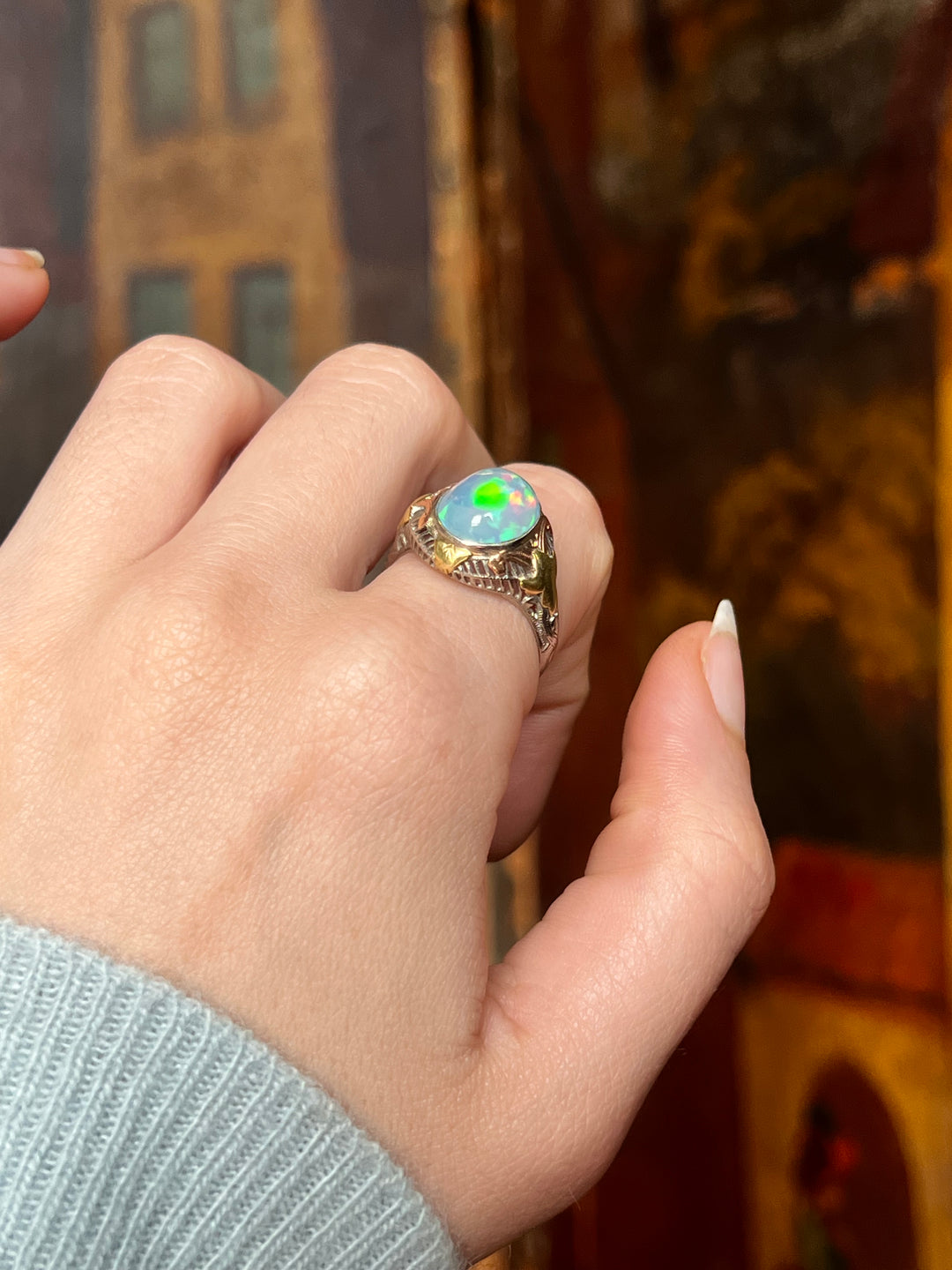 Art Deco Jelly Opal Ring in Pink, Yellow, White Gold