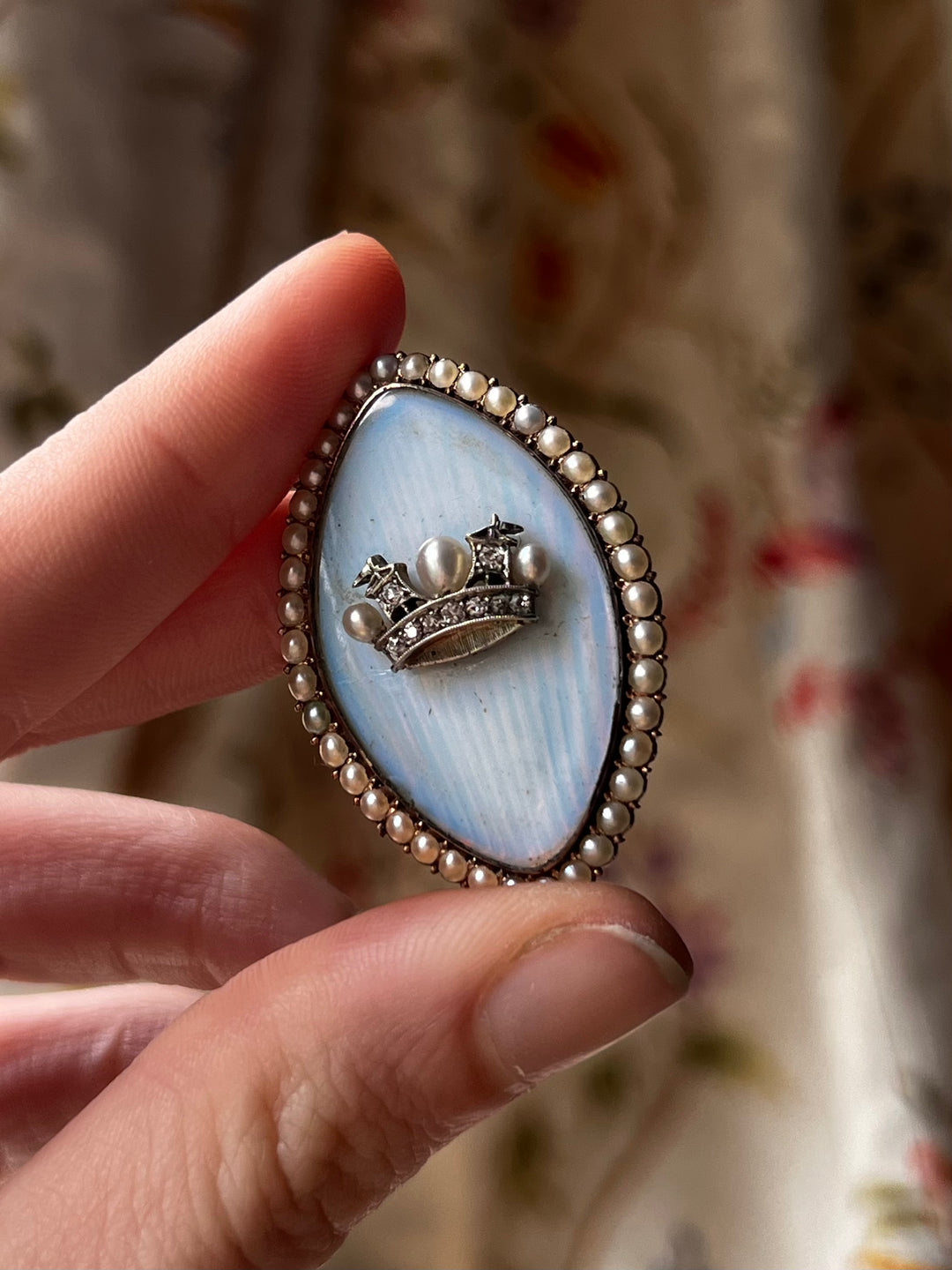 Victorian Diamond and Pearl British Naval Crown Brooch