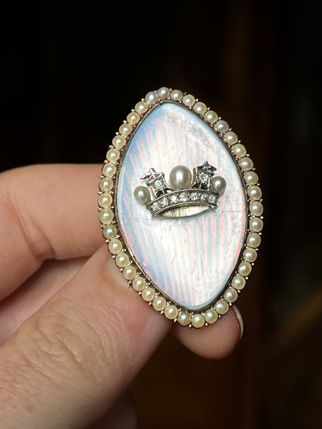 Victorian Diamond and Pearl British Naval Crown Brooch