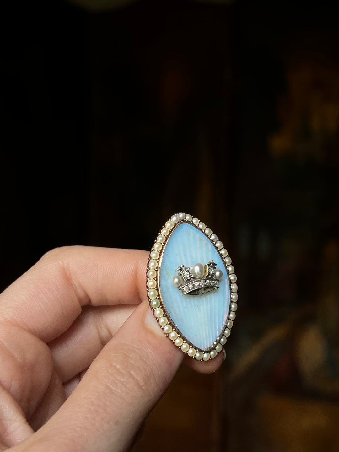 Victorian Diamond and Pearl British Naval Crown Brooch