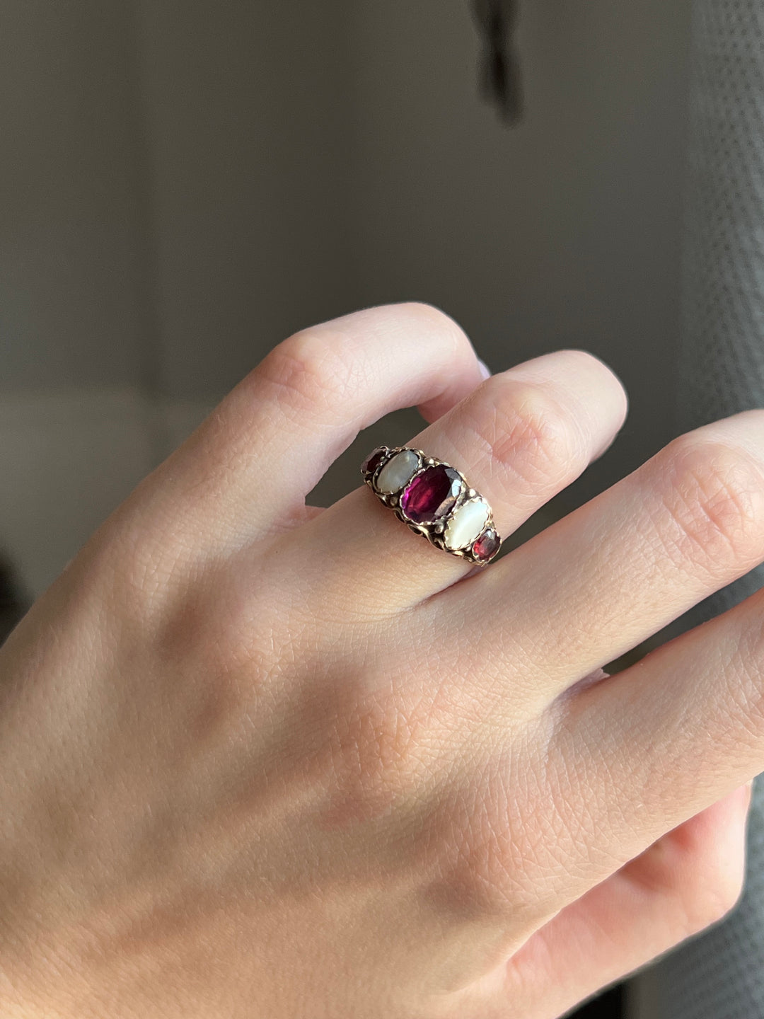 Early 19th C Garnet and Pearl Ring in 9ct