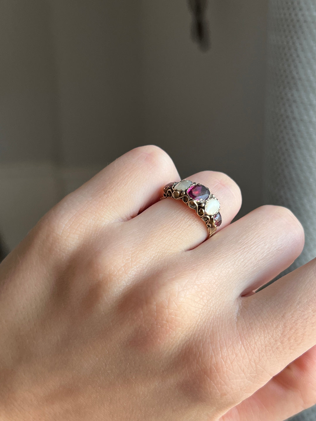 Early 19th C Garnet and Pearl Ring in 9ct