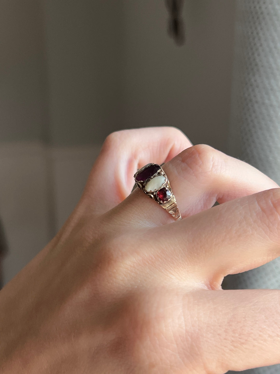 Early 19th C Garnet and Pearl Ring in 9ct