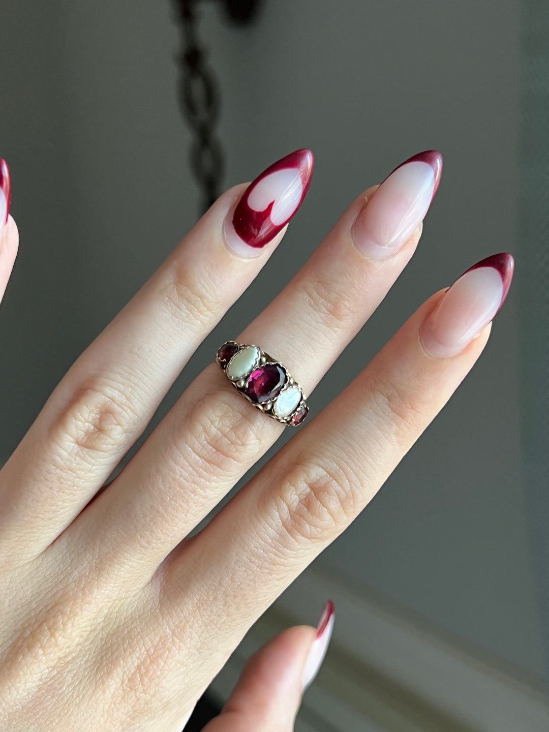 Early 19th C Garnet and Pearl Ring in 9ct