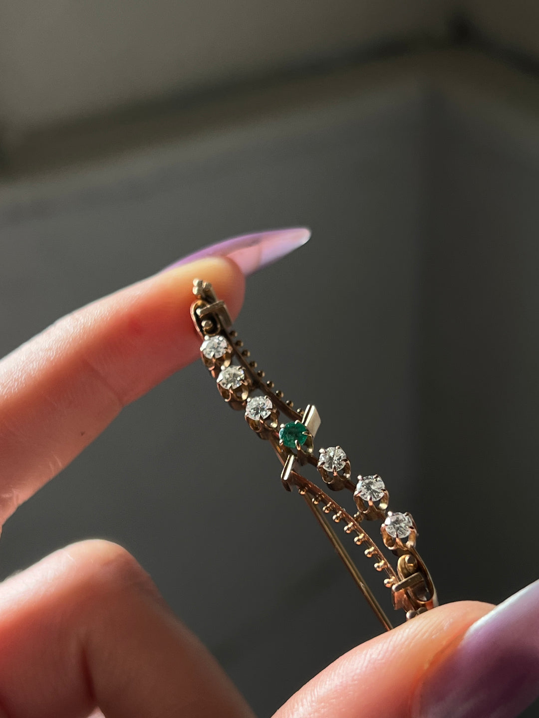 Diamond, Emerald and 14ct Pink Gold Aesthetic Movement Brooch