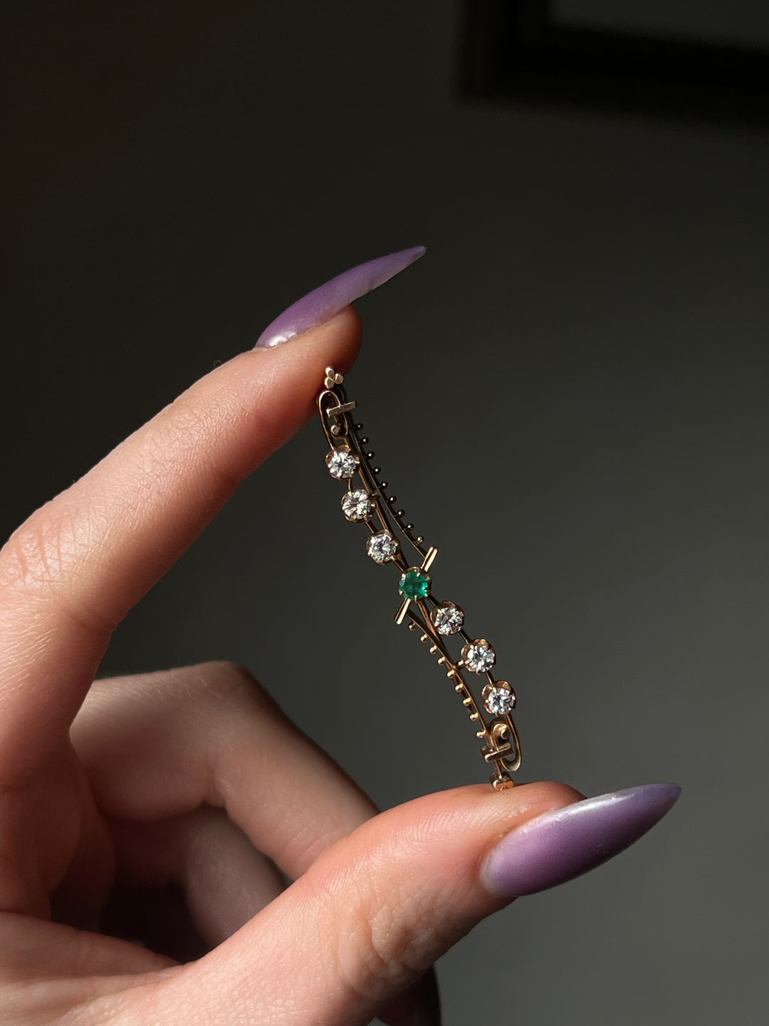 Diamond, Emerald and 14ct Pink Gold Aesthetic Movement Brooch