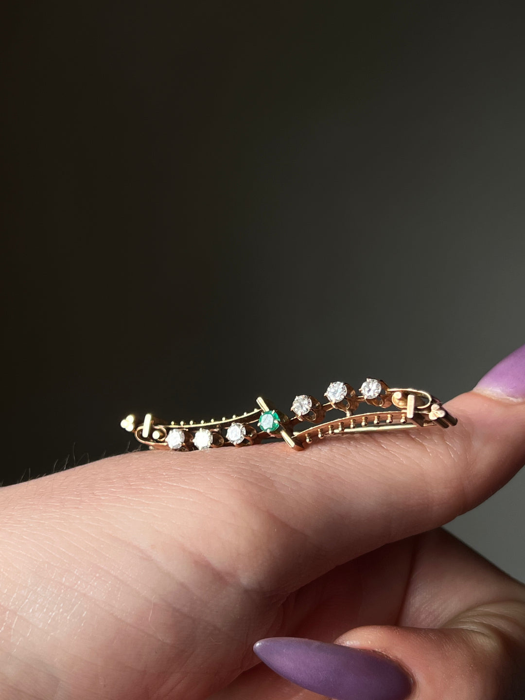 Diamond, Emerald and 14ct Pink Gold Aesthetic Movement Brooch