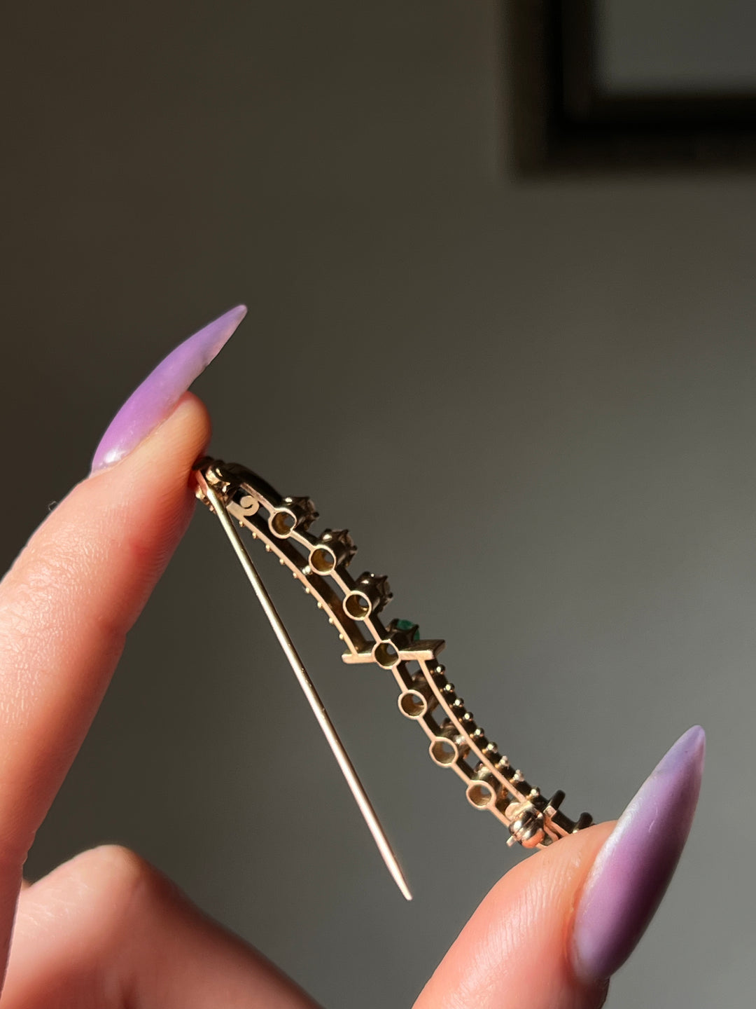 Diamond, Emerald and 14ct Pink Gold Aesthetic Movement Brooch