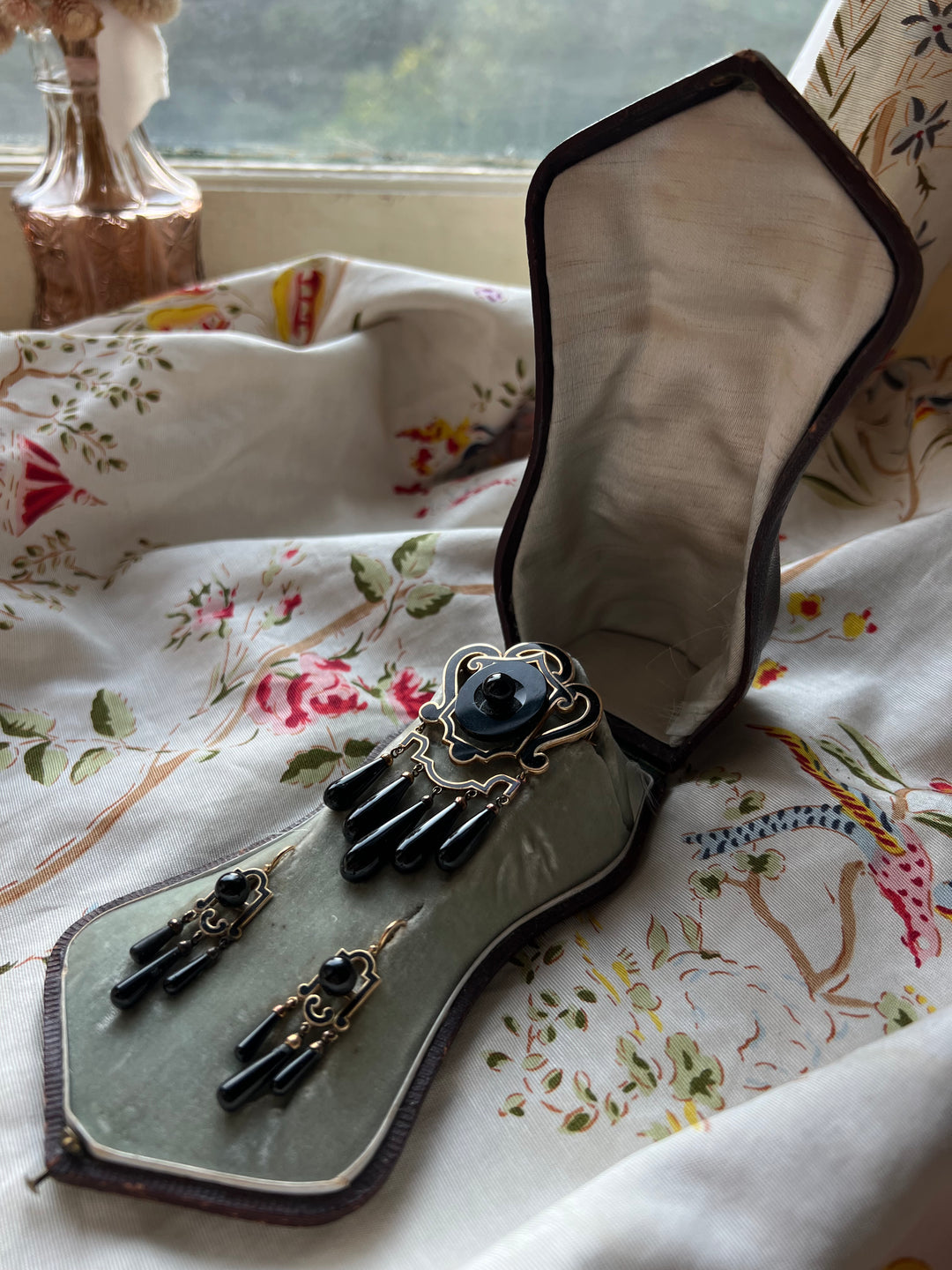 Mint in Box Onyx And Black Enamel Demi Parure Circa 1860 American