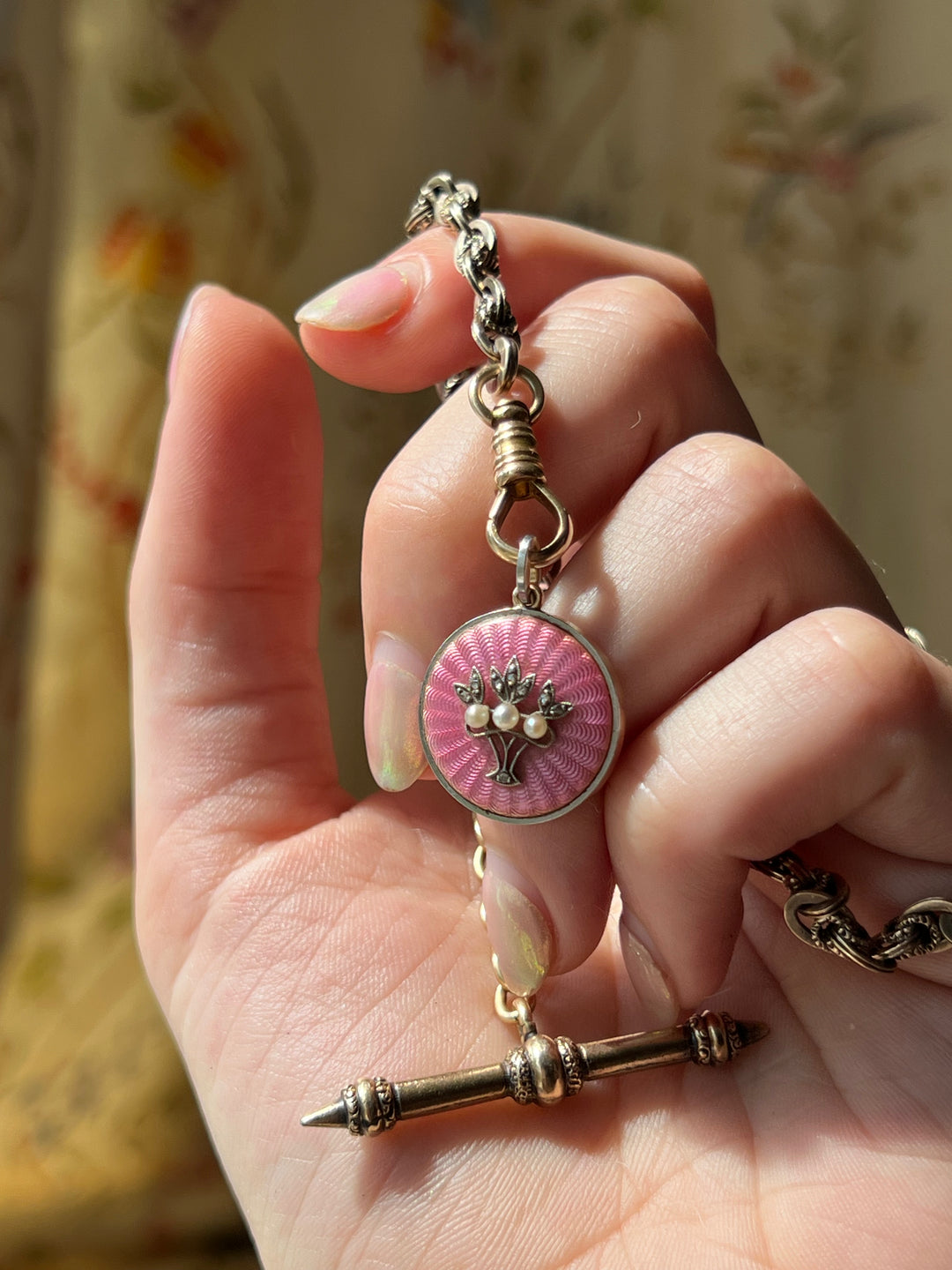 Belle Époque Pink Enamel Pendant with Pearls & Diamonds C 1890